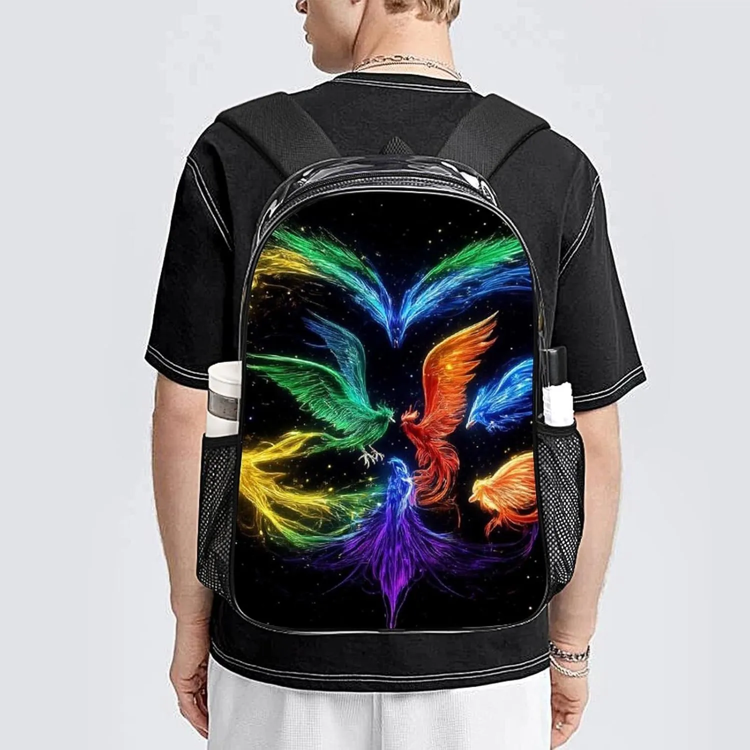 Supdreamc Transparent Daypack Backpack for Trekking Picnic Walking Cycling - Large Capacity Anti-Theft Multipurpose Shoulder Bag, Colorful Fire Flame Birds Black Art Casual Daypack