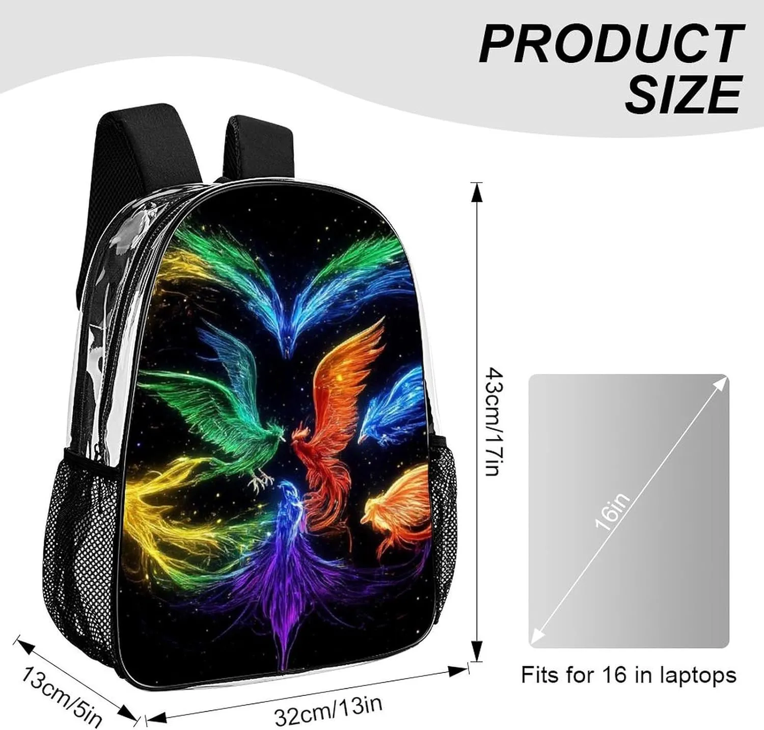 Supdreamc Transparent Daypack Backpack for Trekking Picnic Walking Cycling - Large Capacity Anti-Theft Multipurpose Shoulder Bag, Colorful Fire Flame Birds Black Art Casual Daypack