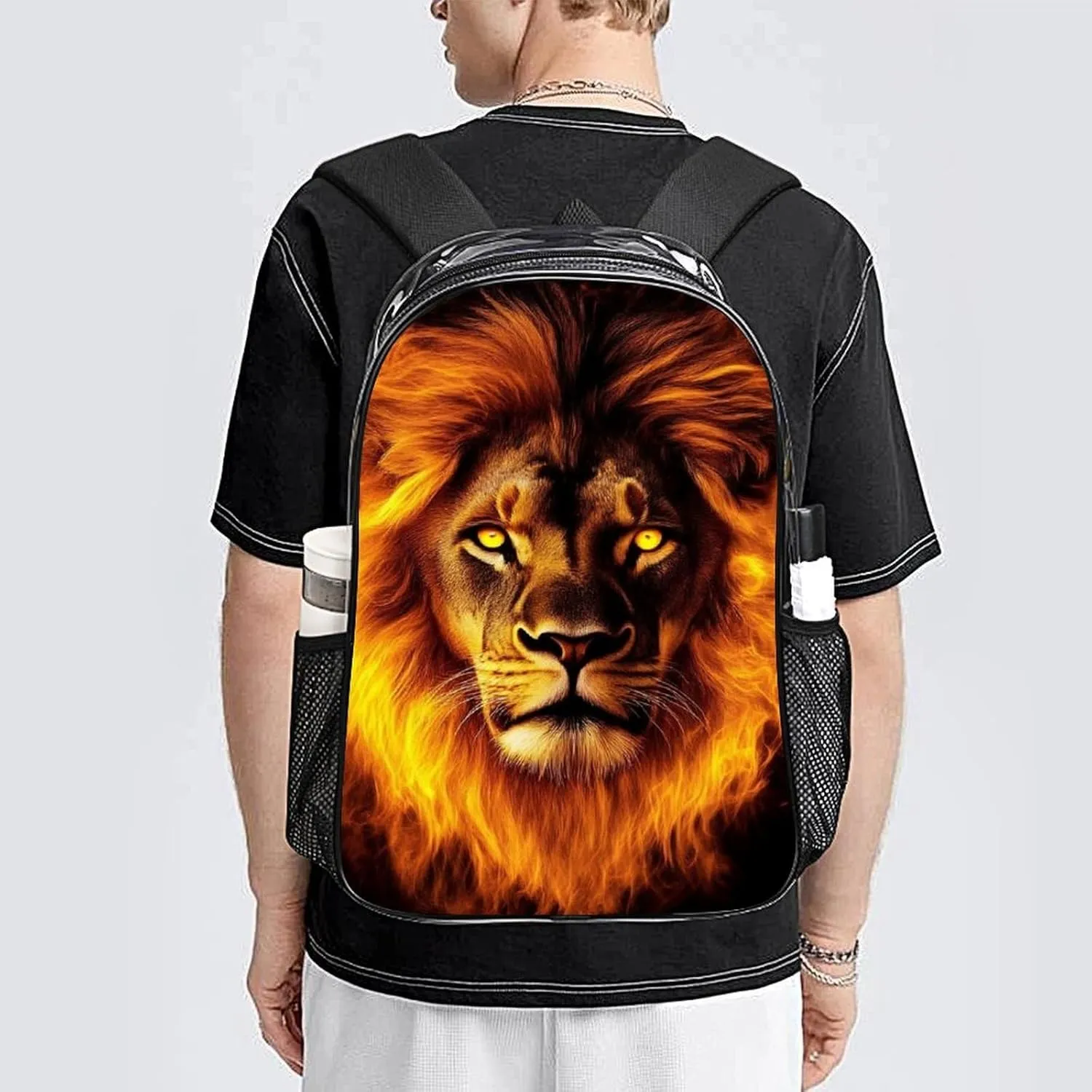 Supdreamc Transparent Daypack for Hiking Work Running - Big Capacity Anti-Theft Multipurpose Shoulder Bag, Cool Fire Lion Art Travel and Sport Backpack Rucksack