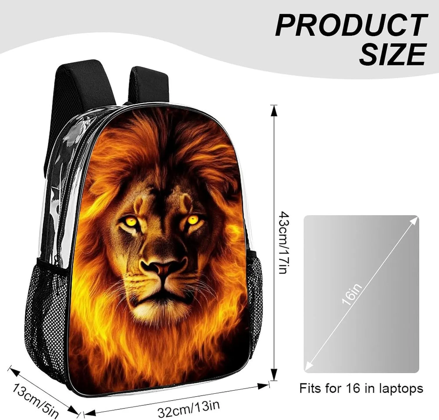 Supdreamc Transparent Daypack for Hiking Work Running - Big Capacity Anti-Theft Multipurpose Shoulder Bag, Cool Fire Lion Art Travel and Sport Backpack Rucksack