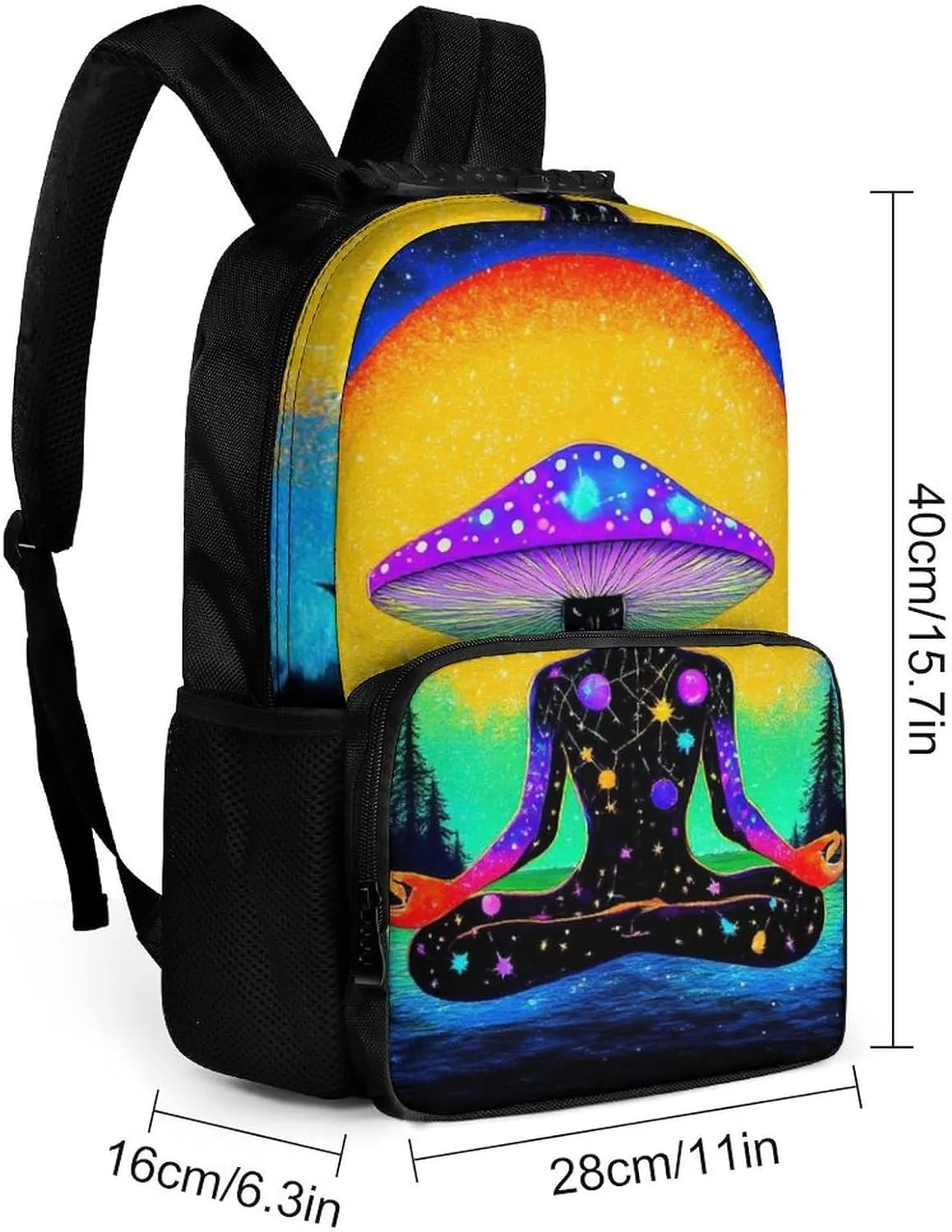 Supdreamc Trippy Mushroom Moon Meditation Art Rucksack Polyester Anti-Theft Multipurpose Bookbag Big Capacity Travel and Sport Backpack Rucksack With Side Pockets