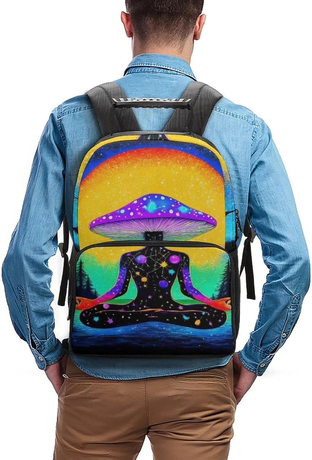 Supdreamc Trippy Mushroom Moon Meditation Art Rucksack Polyester Anti-Theft Multipurpose Bookbag Big Capacity Travel and Sport Backpack Rucksack With Side Pockets
