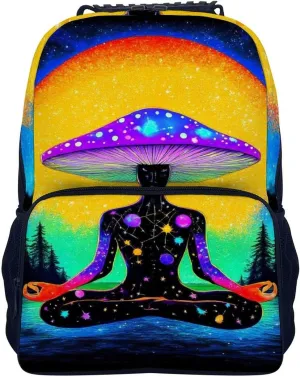 Supdreamc Trippy Mushroom Moon Meditation Art Rucksack Polyester Anti-Theft Multipurpose Bookbag Big Capacity Travel and Sport Backpack Rucksack With Side Pockets