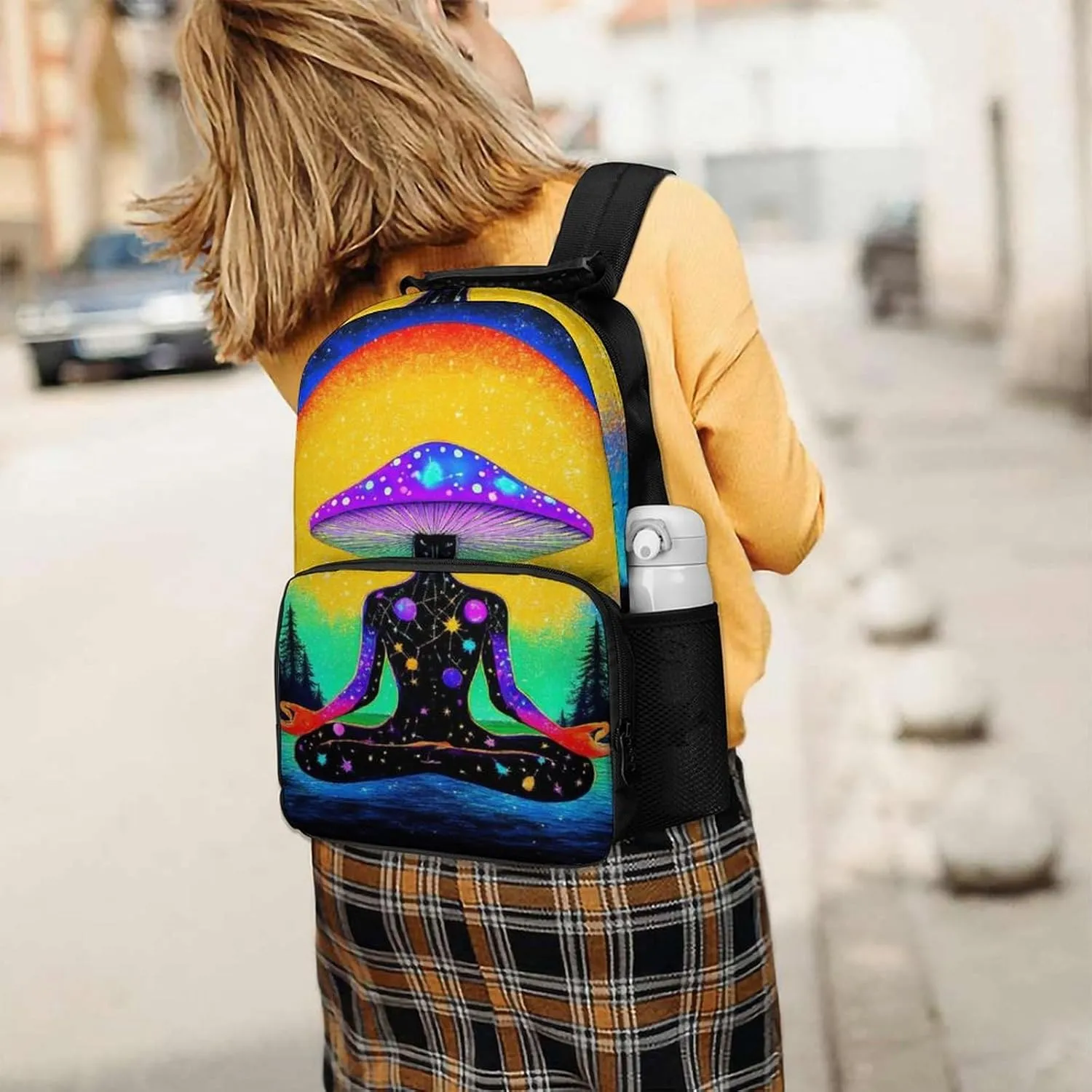 Supdreamc Trippy Mushroom Moon Meditation Art Rucksack Polyester Anti-Theft Multipurpose Bookbag Big Capacity Travel and Sport Backpack Rucksack With Side Pockets