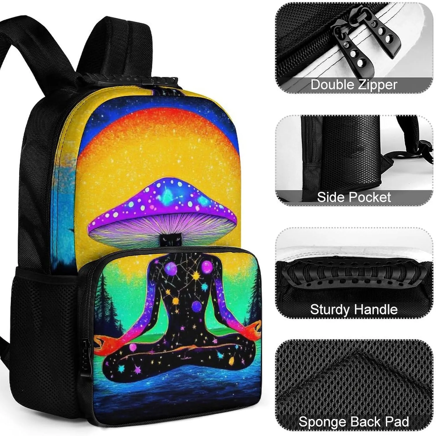 Supdreamc Trippy Mushroom Moon Meditation Art Rucksack Polyester Anti-Theft Multipurpose Bookbag Big Capacity Travel and Sport Backpack Rucksack With Side Pockets