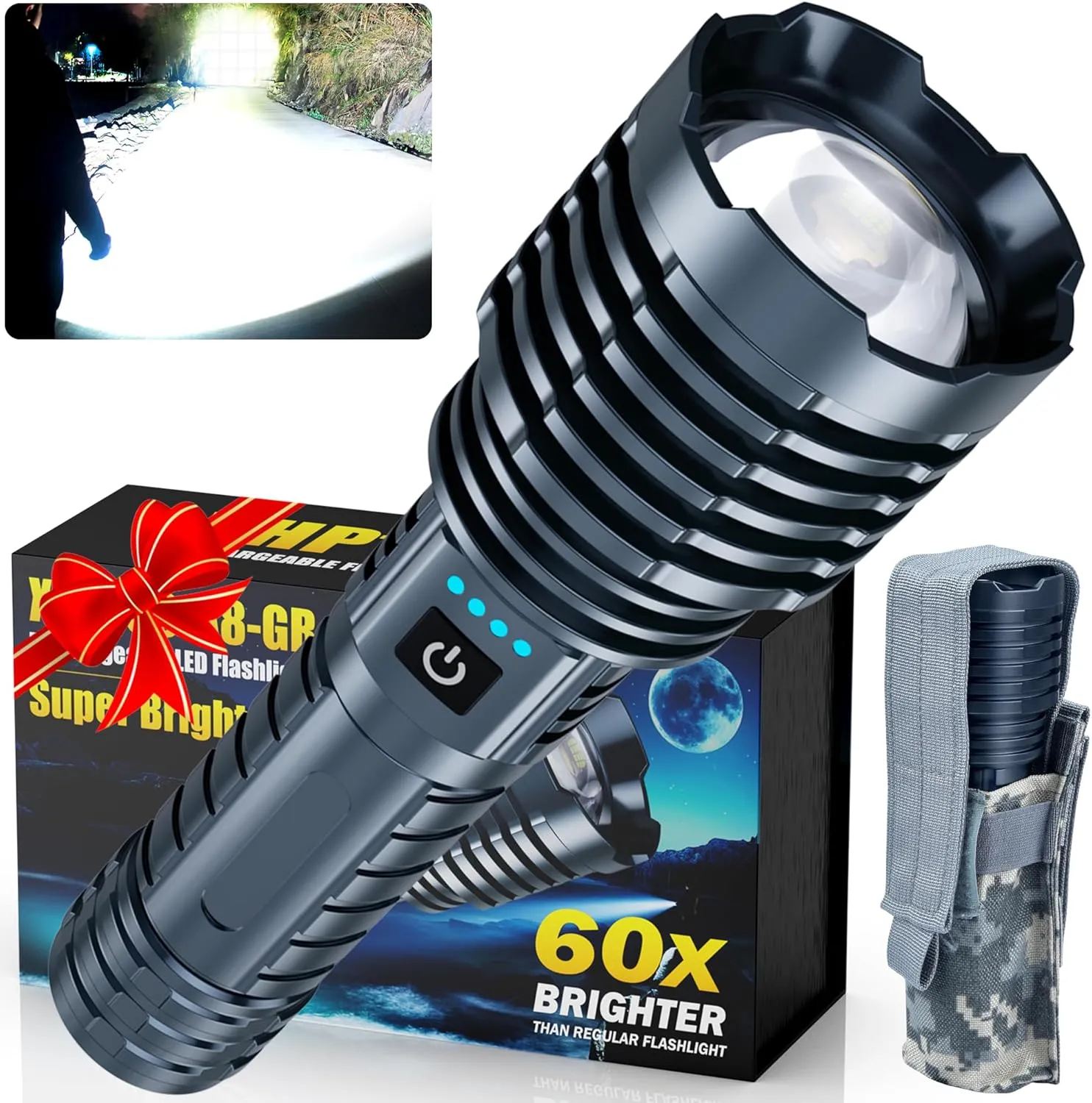 Super Bright Rechargeable LED Flashlights 2500.000High Lumens,Powerful Tactical Flashlight Up to 25H Long Battery Life|Zoomable|5Light Modes|IP67 Waterproof,Flashlights High Lumens for Camping (Grey)