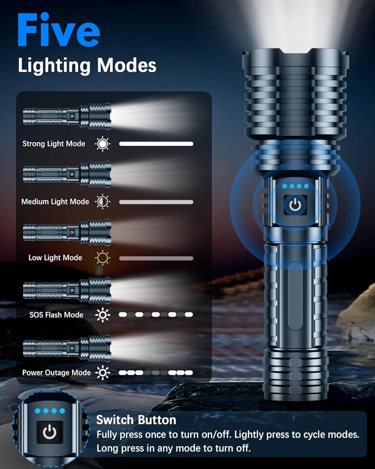 Super Bright Rechargeable LED Flashlights 2500.000High Lumens,Powerful Tactical Flashlight Up to 25H Long Battery Life|Zoomable|5Light Modes|IP67 Waterproof,Flashlights High Lumens for Camping (Grey)