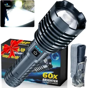 Super Bright Rechargeable LED Flashlights 2500.000High Lumens,Powerful Tactical Flashlight Up to 25H Long Battery Life|Zoomable|5Light Modes|IP67 Waterproof,Flashlights High Lumens for Camping (Grey)