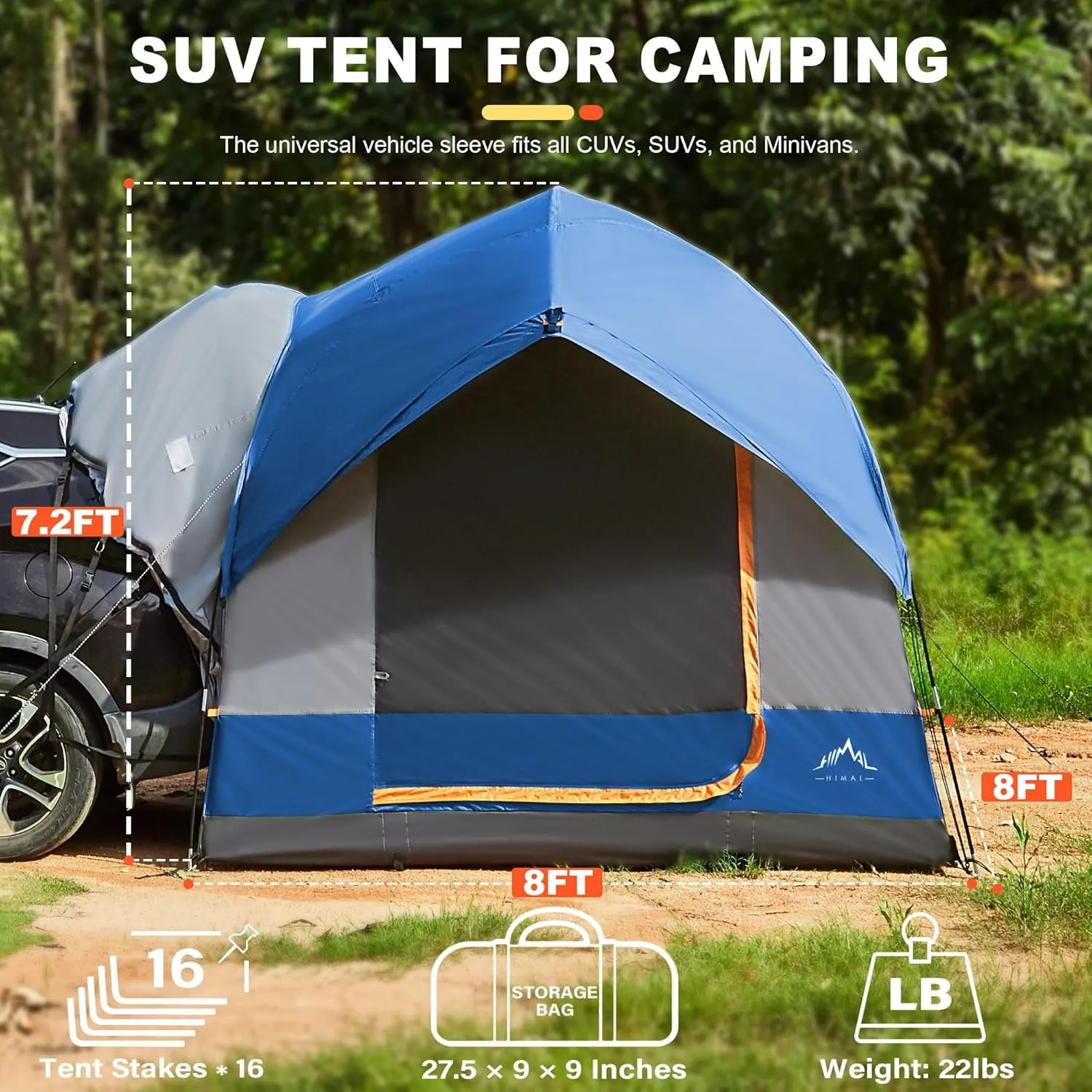 SUV Tent for Camping, Waterproof PU3000mm Spacious Double Layer Design for 5-8 Person, Includes Rainfly and Storage Bag, 8FT L x 8FT W x 7.2FT H