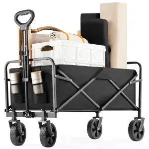 Sweetcrispy Collapsible Foldable Wagon Cart, Large Capacity Garden Beach Cart with All-Terrain Wheels, Heavy Duty Utility Grocery Wagon with Drink Holders for Shopping Sports Camping - 30IN Black