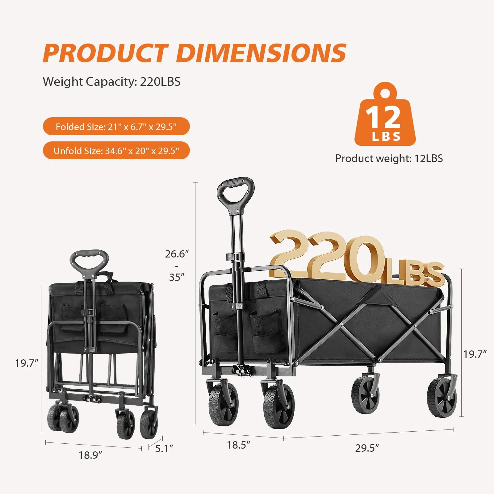 Sweetcrispy Collapsible Foldable Wagon Cart, Large Capacity Garden Beach Cart with All-Terrain Wheels, Heavy Duty Utility Grocery Wagon with Drink Holders for Shopping Sports Camping - 30IN Black