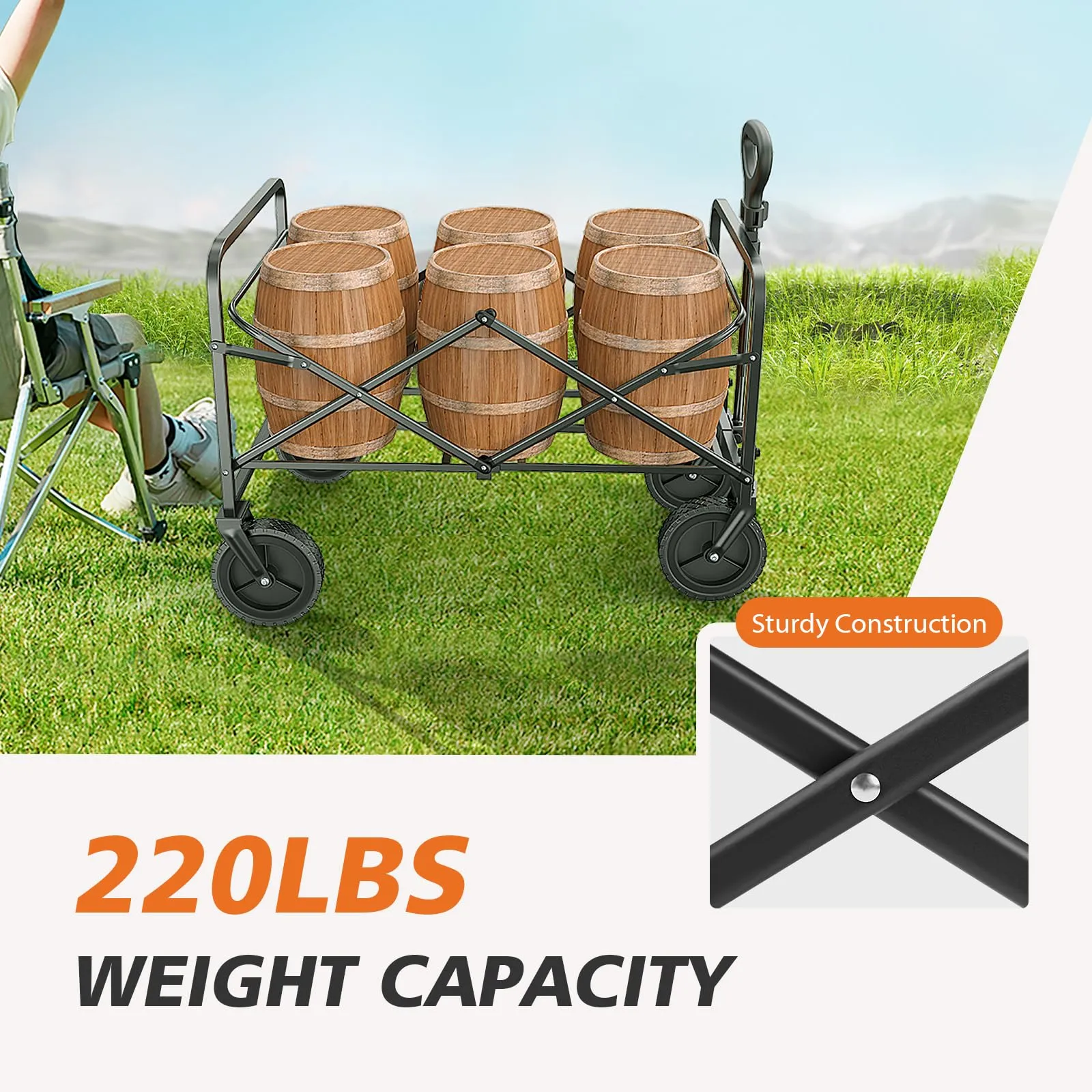 Sweetcrispy Collapsible Foldable Wagon Cart, Large Capacity Garden Beach Cart with All-Terrain Wheels, Heavy Duty Utility Grocery Wagon with Drink Holders for Shopping Sports Camping - 30IN Black