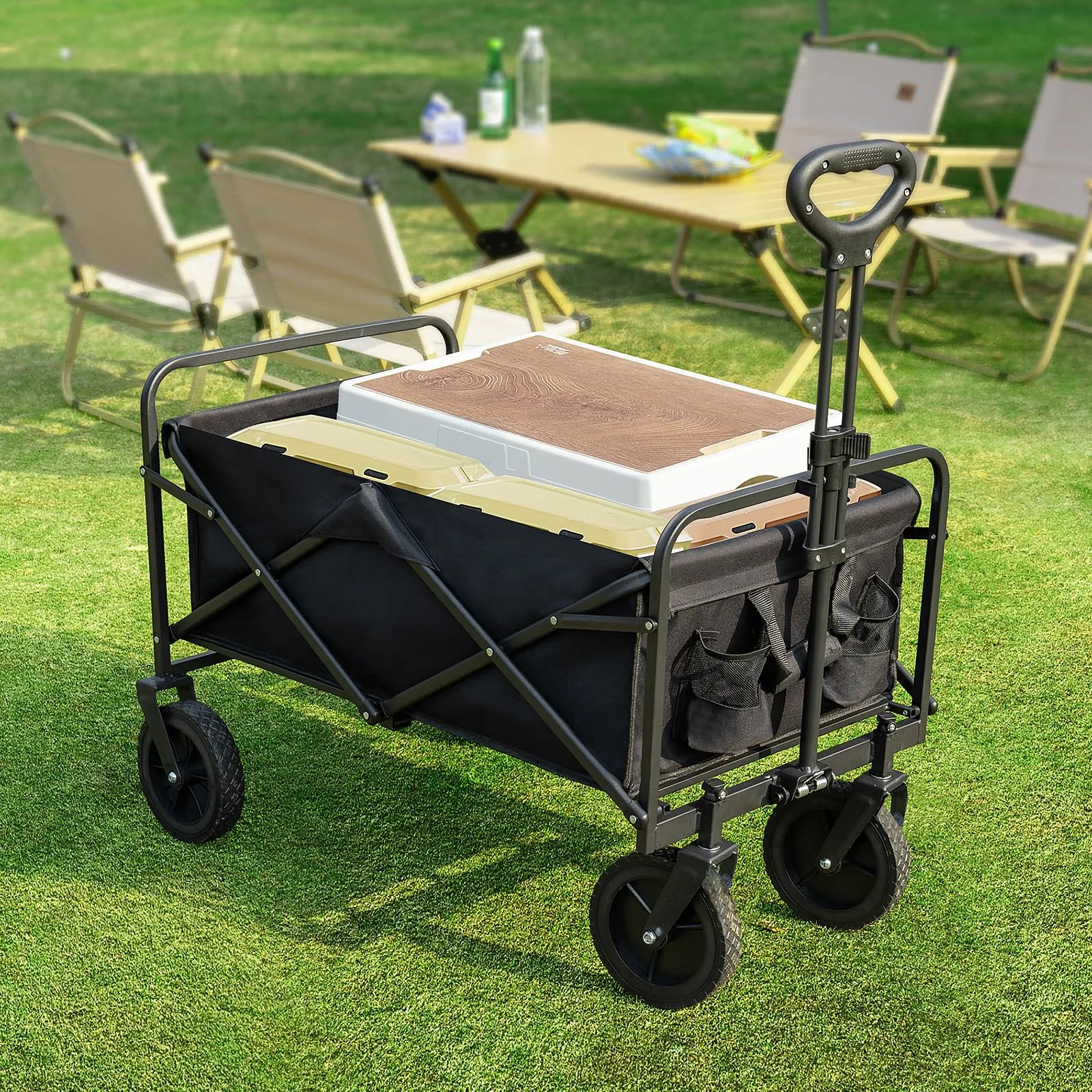 Sweetcrispy Collapsible Foldable Wagon Cart, Large Capacity Garden Beach Cart with All-Terrain Wheels, Heavy Duty Utility Grocery Wagon with Drink Holders for Shopping Sports Camping - 30IN Black