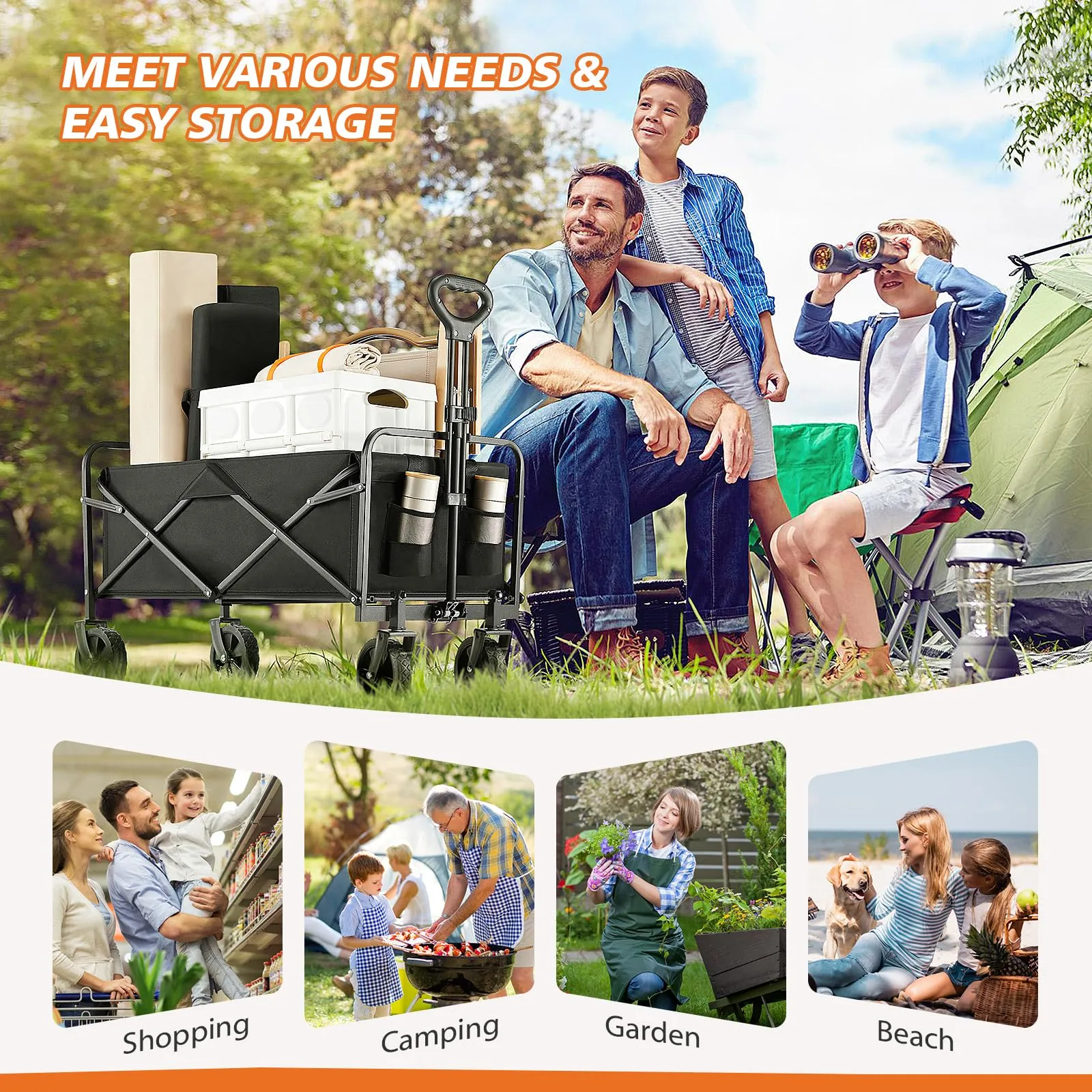 Sweetcrispy Collapsible Foldable Wagon Cart, Large Capacity Garden Beach Cart with All-Terrain Wheels, Heavy Duty Utility Grocery Wagon with Drink Holders for Shopping Sports Camping - 30IN Black