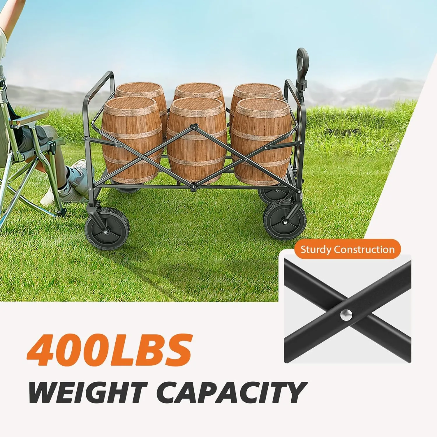 Sweetcrispy Collapsible Foldable Wagon Cart, Large Capacity Garden Beach Cart with All-Terrain Wheels, Heavy Duty Utility Grocery Wagon with Drink Holders for Shopping Sports Camping
