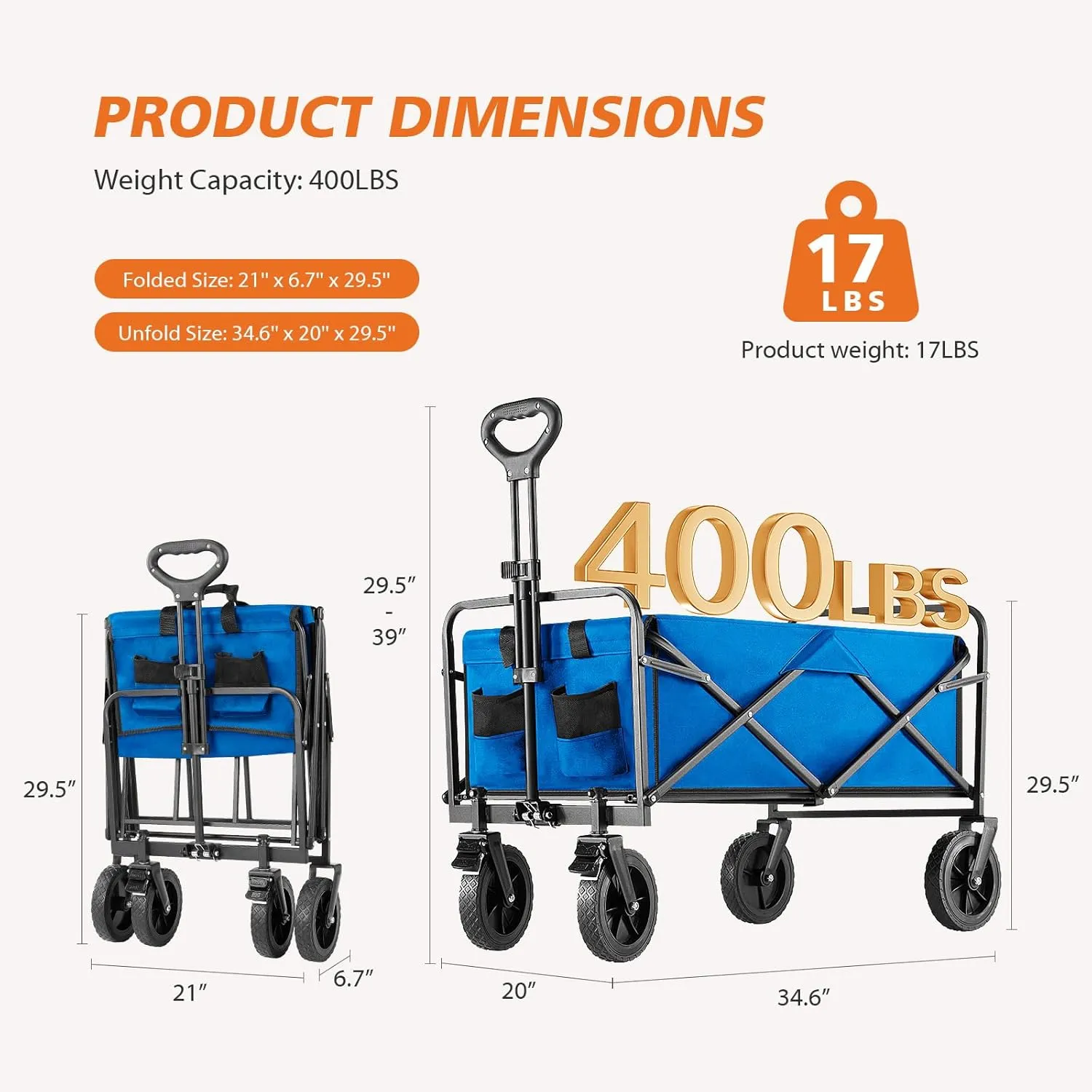 Sweetcrispy Collapsible Foldable Wagon Cart, Large Capacity Garden Beach Cart with All-Terrain Wheels, Heavy Duty Utility Grocery Wagon with Drink Holders for Shopping Sports Camping