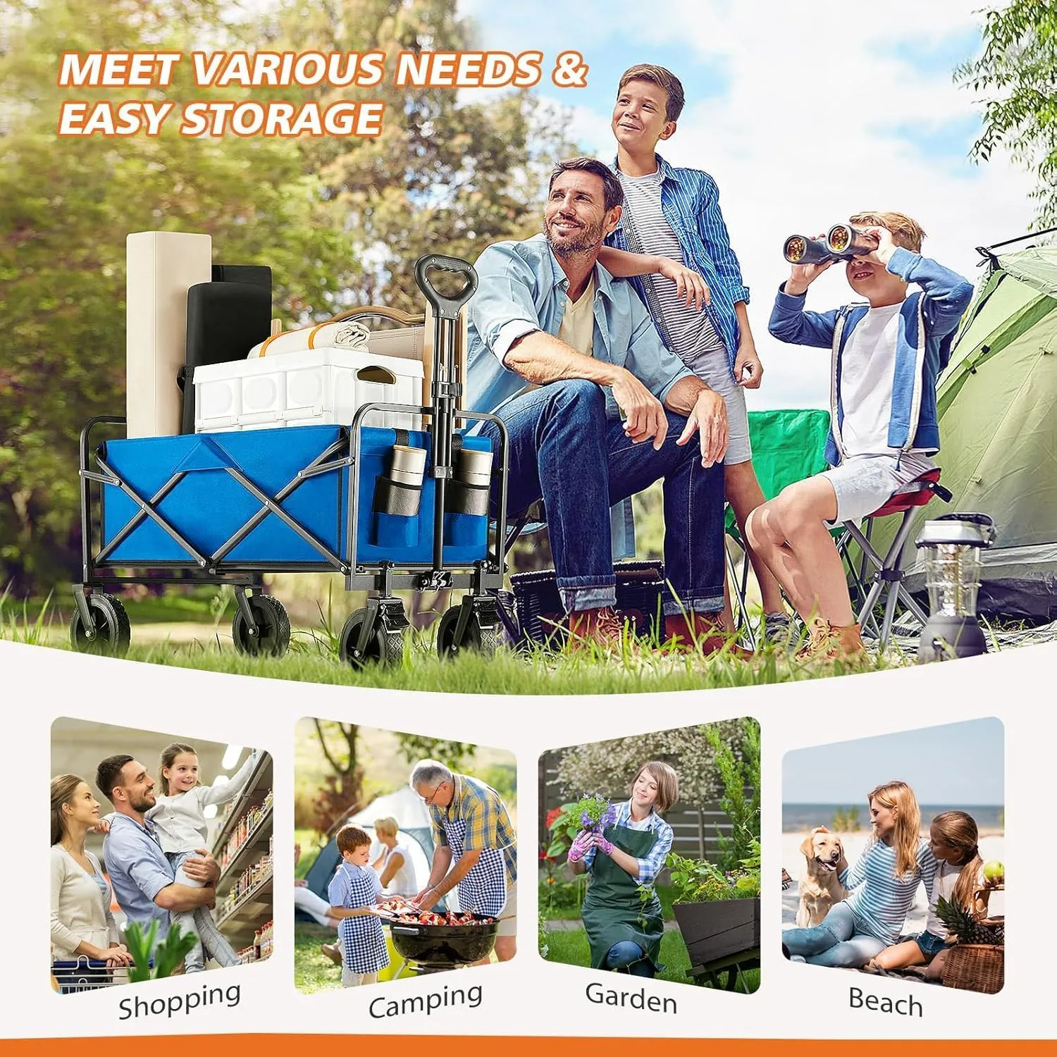 Sweetcrispy Collapsible Foldable Wagon Cart, Large Capacity Garden Beach Cart with All-Terrain Wheels, Heavy Duty Utility Grocery Wagon with Drink Holders for Shopping Sports Camping
