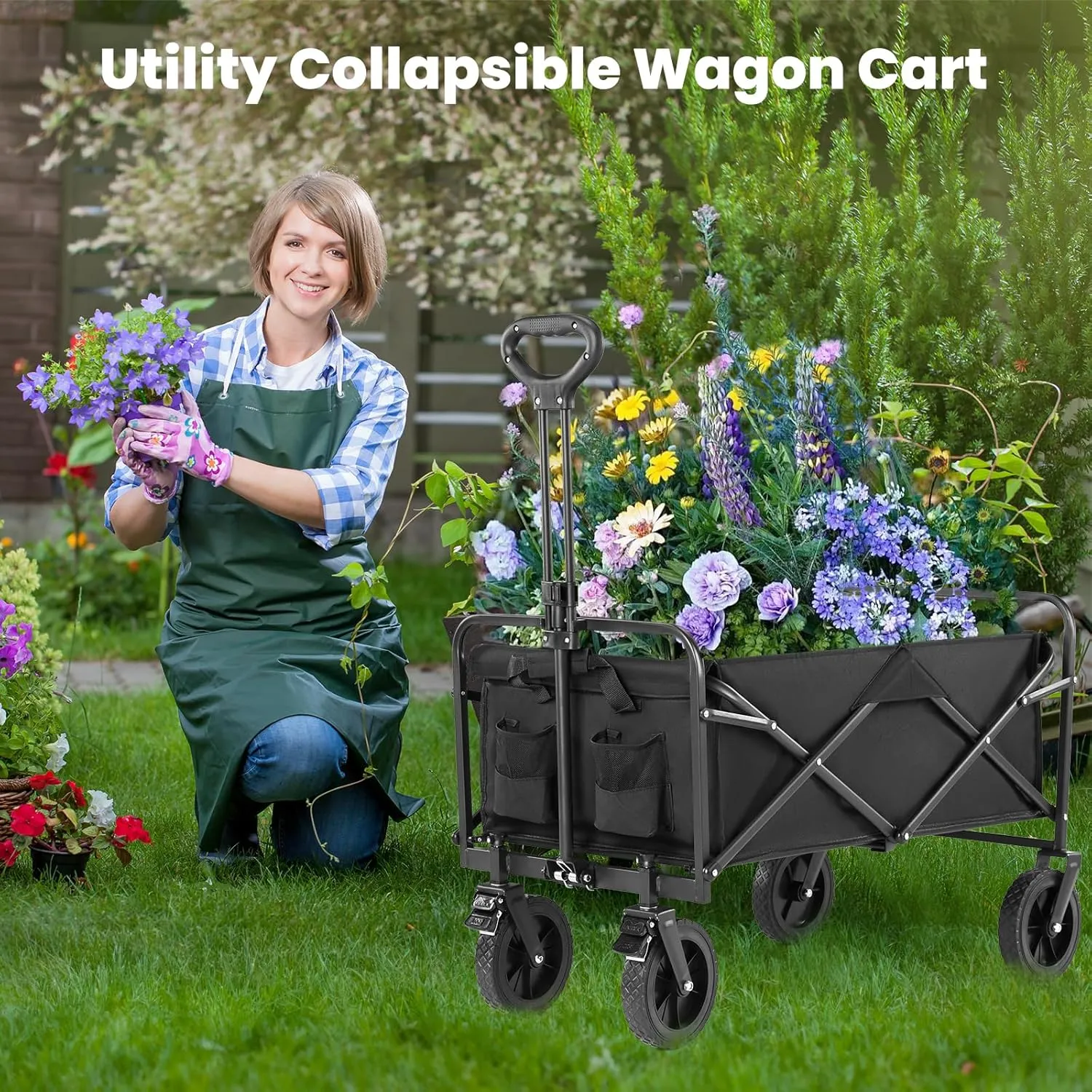 Sweetcrispy Collapsible Foldable Wagon Cart, Large Capacity Garden Beach Cart with All-Terrain Wheels, Heavy Duty Utility Grocery Wagon with Drink Holders for Shopping Sports Camping,Extra Large Black