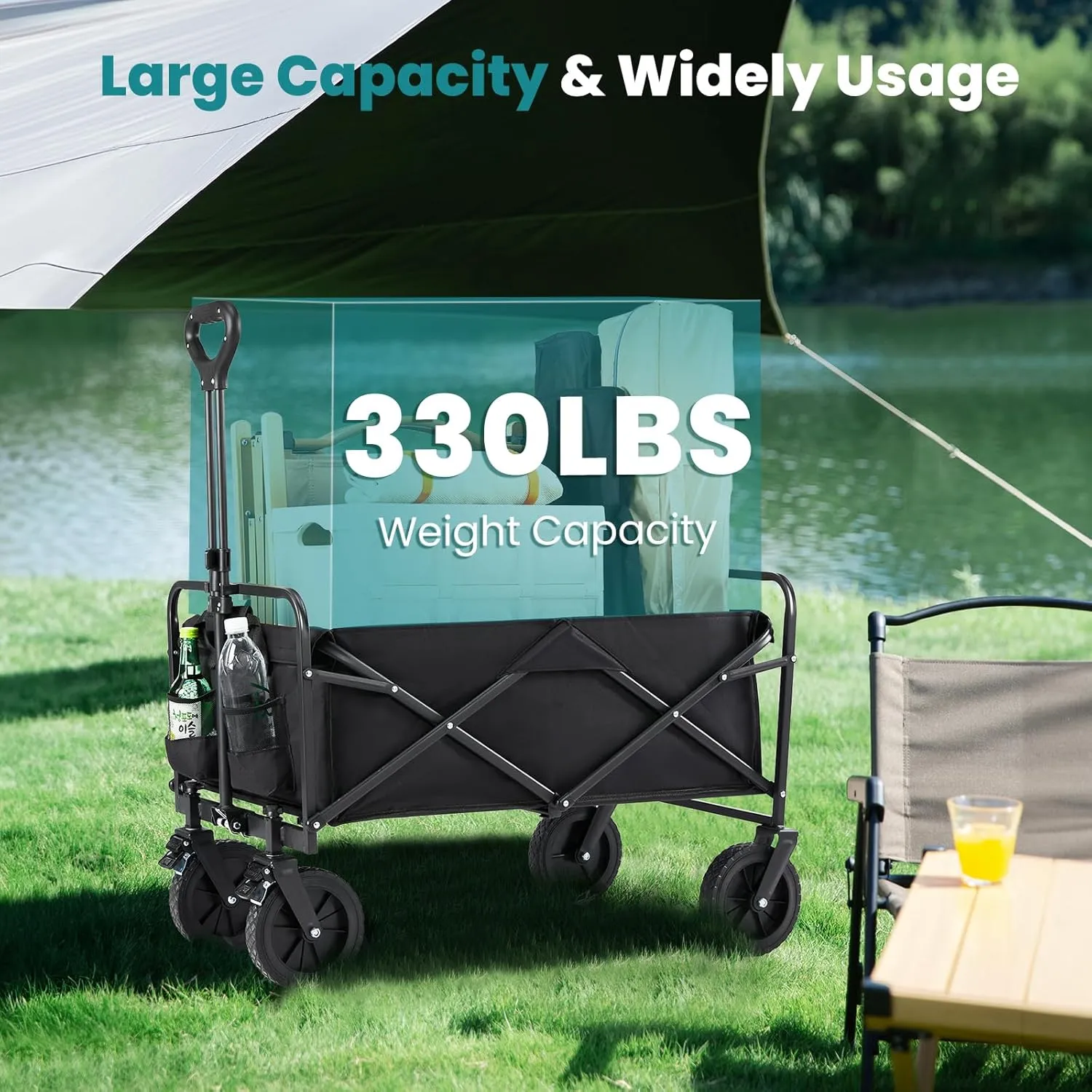 Sweetcrispy Collapsible Foldable Wagon Cart, Large Capacity Garden Beach Cart with All-Terrain Wheels, Heavy Duty Utility Grocery Wagon with Drink Holders for Shopping Sports Camping,Extra Large Black