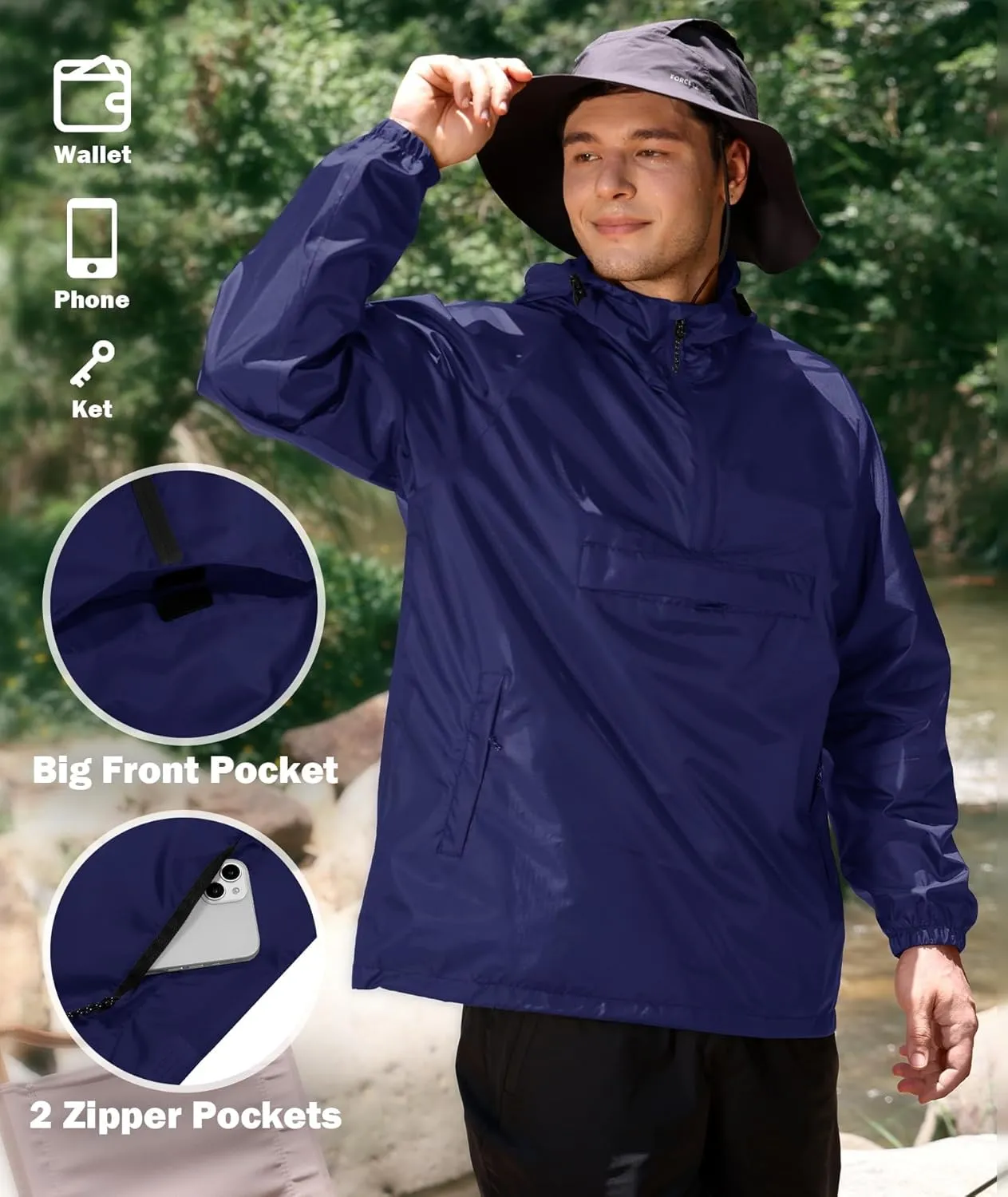 SWISSWELL Men's Rain Jacket Waterproof Lightweight Packable Pullover Windbreaker with Hood for Travel Hiking Golf