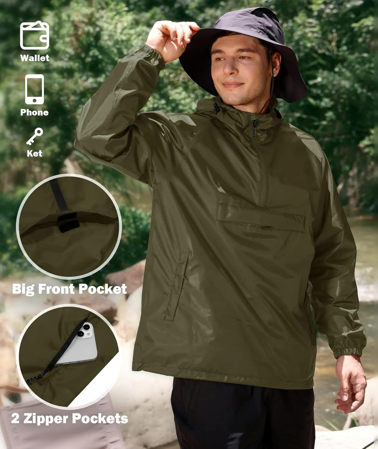 SWISSWELL Men's Rain Jacket Waterproof Lightweight Packable Pullover Windbreaker with Hood for Travel Hiking Golf