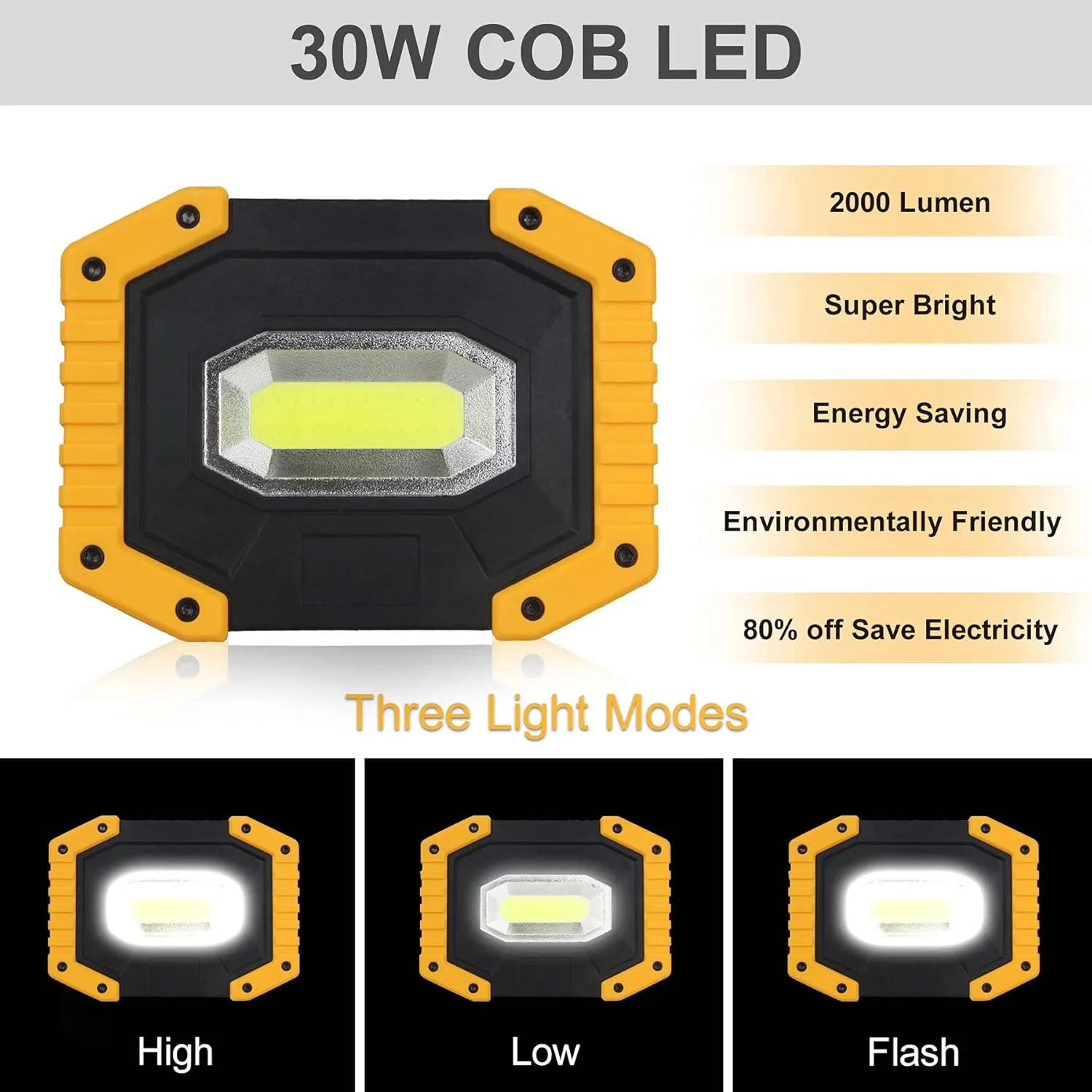 T-SUN Rechargeable LED Work Light, 30W 2000LM Portable, Waterproof, 2 Pack