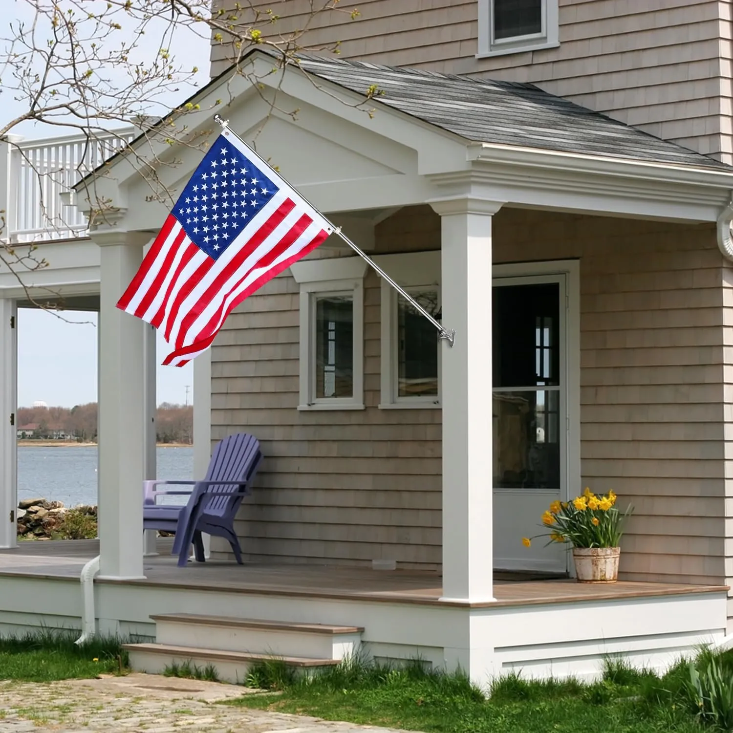 T304 Stainless Steel Heavy Duty Flag Pole Kit, 2 Positions for 1" Flag Poles Wall Mount House & Estate Flagpole Holder, Aluminum Alloy Flagpole Rings, Rust Free Flag Pole for House Yard