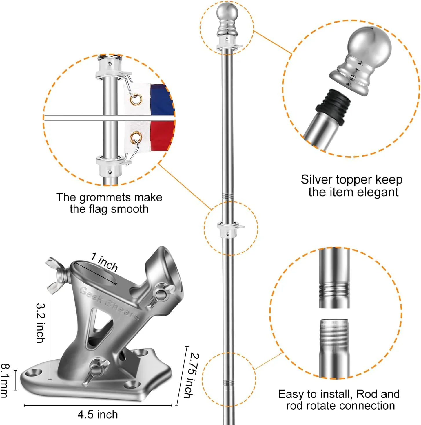 T304 Stainless Steel Heavy Duty Flag Pole Kit, 2 Positions for 1" Flag Poles Wall Mount House & Estate Flagpole Holder, Aluminum Alloy Flagpole Rings, Rust Free Flag Pole for House Yard