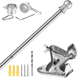 T304 Stainless Steel Heavy Duty Flag Pole Kit, 2 Positions for 1" Flag Poles Wall Mount House & Estate Flagpole Holder, Aluminum Alloy Flagpole Rings, Rust Free Flag Pole for House Yard