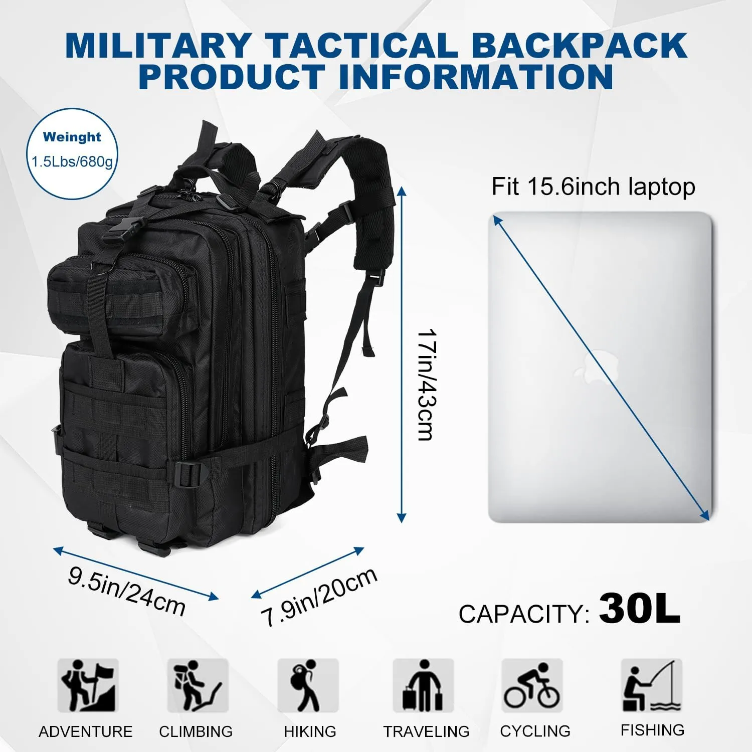 Tactical Backpack for Men Small Military Molle Backpack 30L Assault Pack Rucking Backpack for for Hiking Camping Travel Fishing Outdoors (Black)