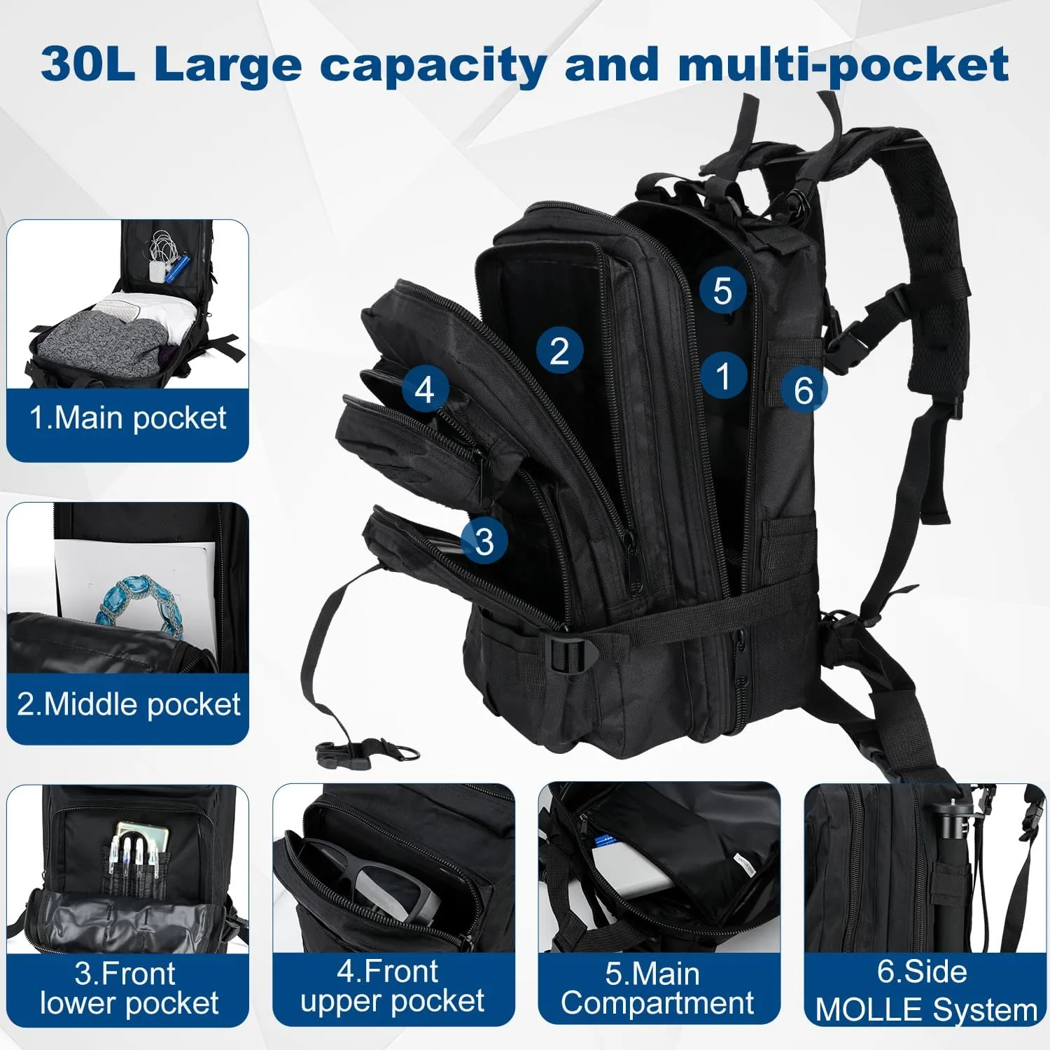 Tactical Backpack for Men Small Military Molle Backpack 30L Assault Pack Rucking Backpack for for Hiking Camping Travel Fishing Outdoors (Black)