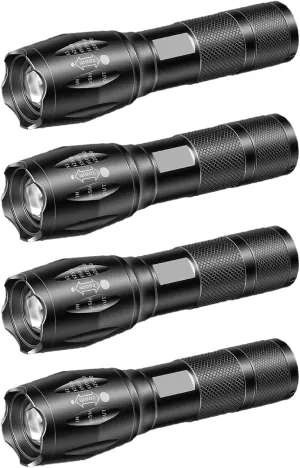 Tactical Flashlight 4 Pack, Bright Zoomable LED Flashlight with High Lumens with 5 Modes, Waterproof Portable Pocket Flash Light for Emergency, Camping, and Outdoor Use