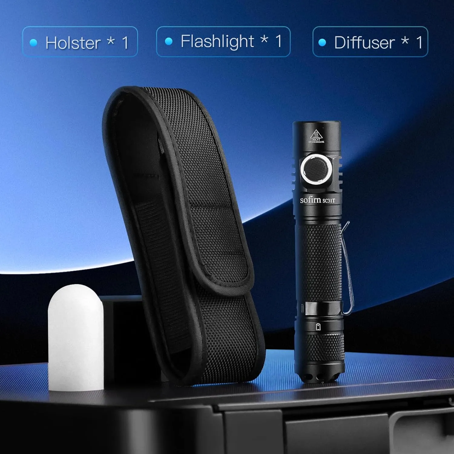 Tactical Flashlight Sofirn SC31T with Holster and Diffuser, Rechargeable Powerful Flashlights for Emergencies, Pocket EDC Flashlights, 2000 HIgh Lumens, LED Bright Flashlight for Home, Battery Powered