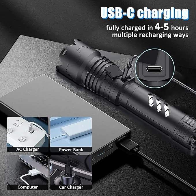 Tactical Flashlights,Super Bright Rechargeable LED Flashlights High Lumens,3000Lumen High Powered Flashlight with 5 Modes,Large Capacity,IP65 Waterproof Handheld Flash Light for Emergency, Camping