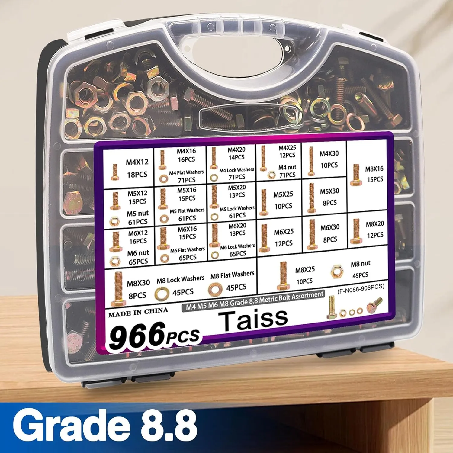 Taiss 966pcs Grade 8.8 Metric Bolt Assortment,Metric Bolts and Nuts Assortment,Bolt Kit M4 M5 M6 M8(12-30mm) Heavy Duty Hex Bolts and Nuts Kit Flat/Lock Washer Yellow Zinc Plated,with Handheld Box