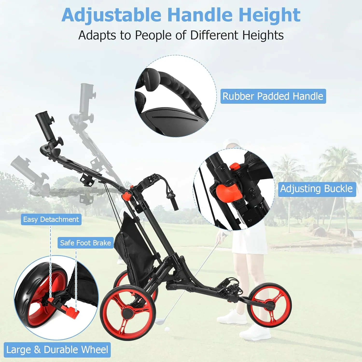 Tangkula Lightweight Aluminum Collapsible 3 Wheels Golf Push Cart with Elastic Strap, Umbrella & Cup Holder, Scoreboard Storage & Foot Brake