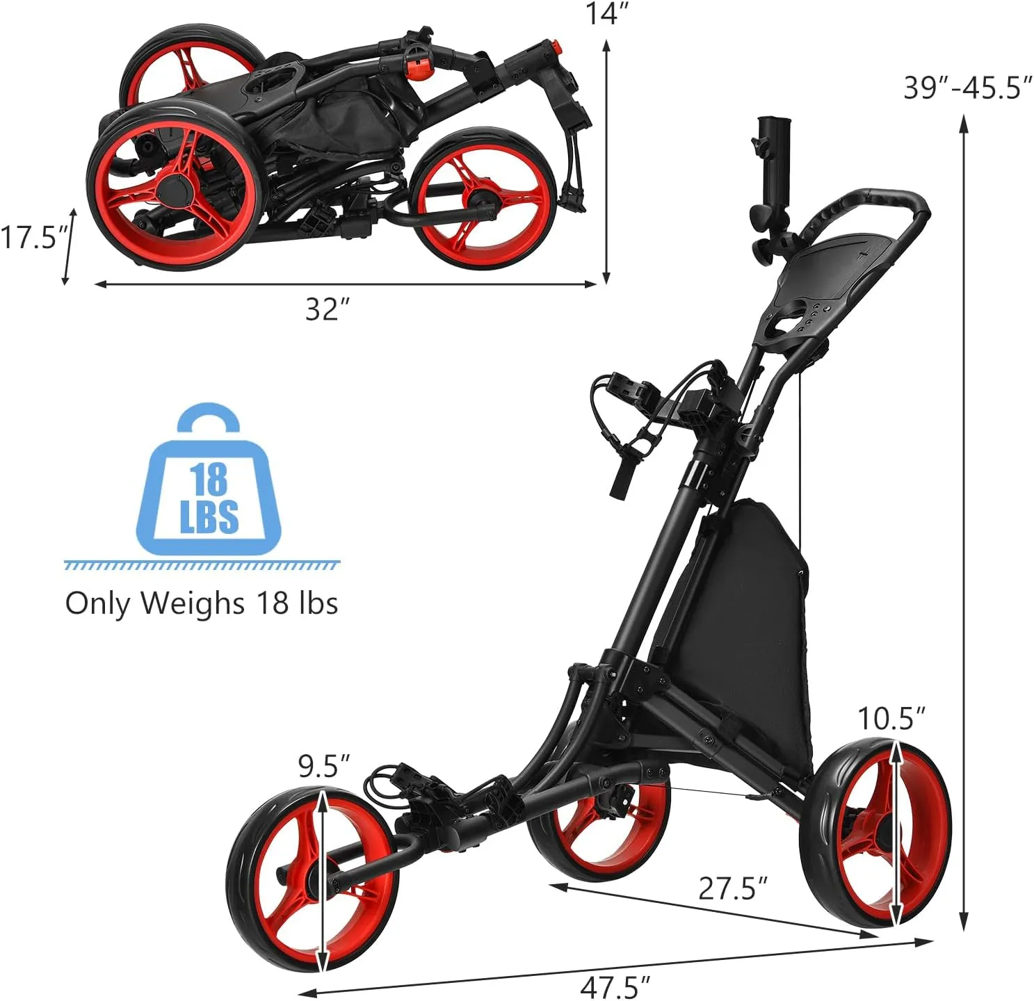 Tangkula Lightweight Aluminum Collapsible 3 Wheels Golf Push Cart with Elastic Strap, Umbrella & Cup Holder, Scoreboard Storage & Foot Brake