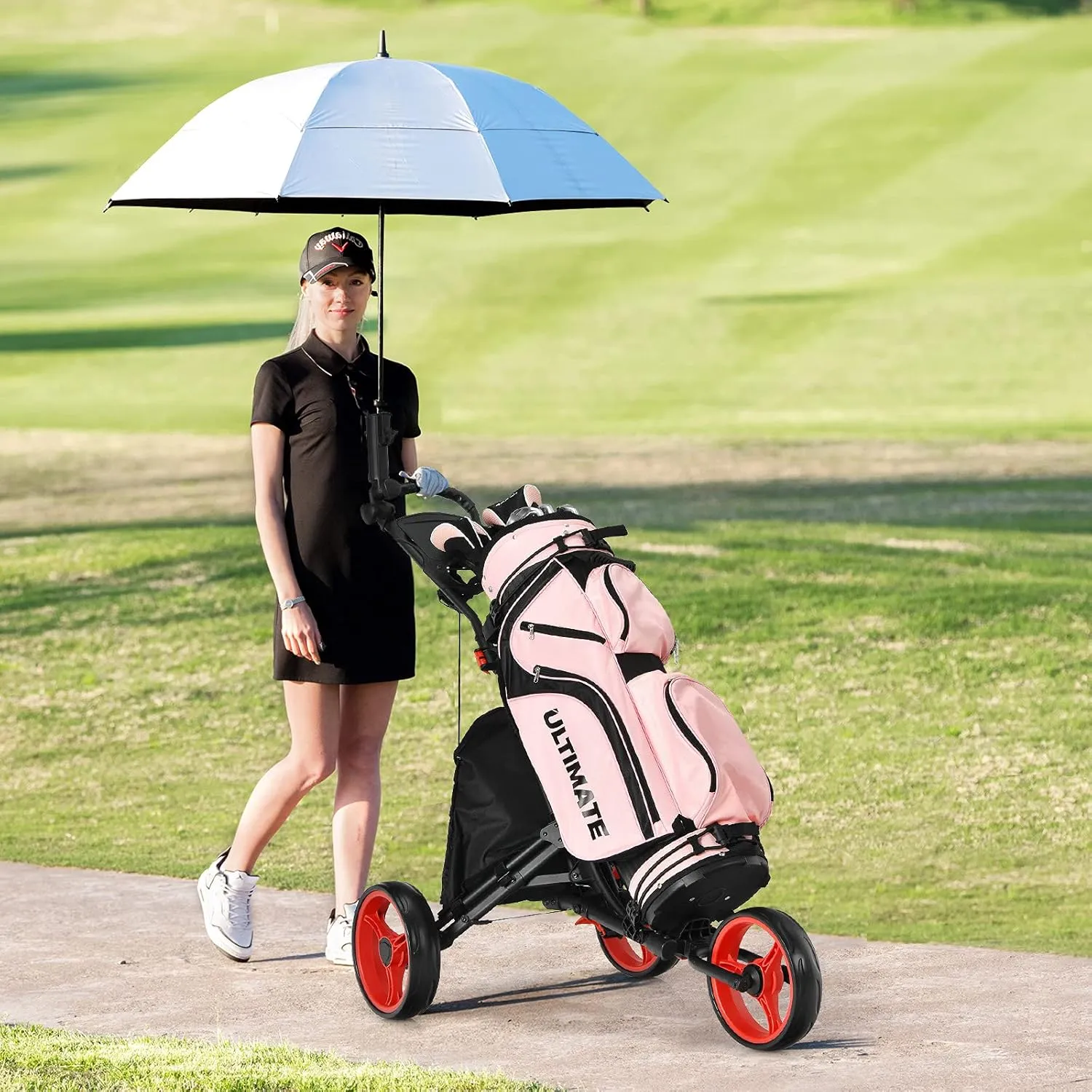 Tangkula Lightweight Aluminum Collapsible 3 Wheels Golf Push Cart with Elastic Strap, Umbrella & Cup Holder, Scoreboard Storage & Foot Brake