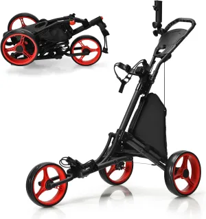 Tangkula Lightweight Aluminum Collapsible 3 Wheels Golf Push Cart with Elastic Strap, Umbrella & Cup Holder, Scoreboard Storage & Foot Brake