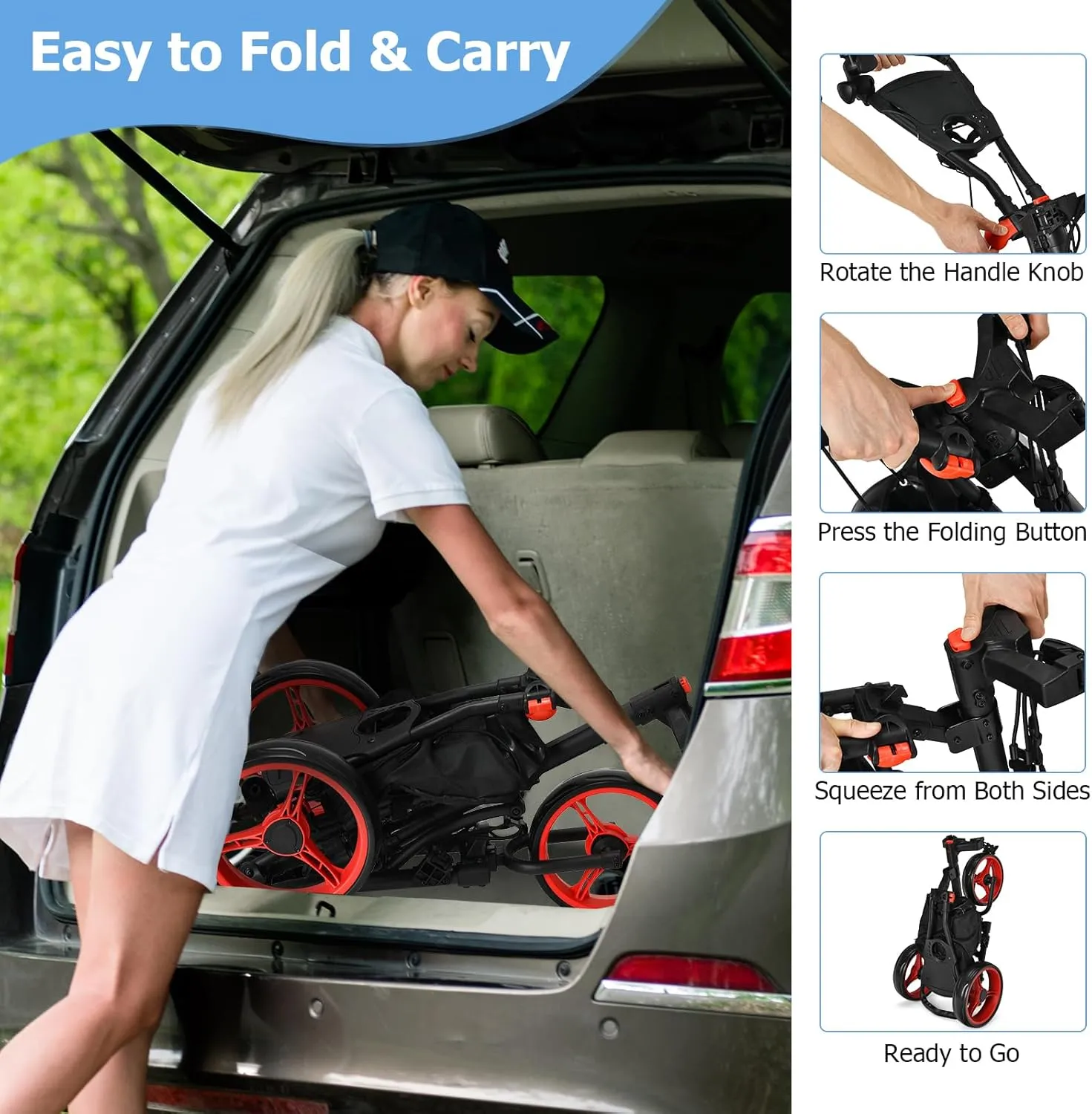 Tangkula Lightweight Aluminum Collapsible 3 Wheels Golf Push Cart with Elastic Strap, Umbrella & Cup Holder, Scoreboard Storage & Foot Brake