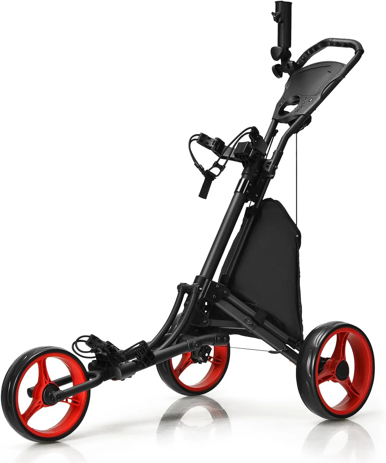 Tangkula Lightweight Aluminum Collapsible 3 Wheels Golf Push Cart with Elastic Strap, Umbrella & Cup Holder, Scoreboard Storage & Foot Brake
