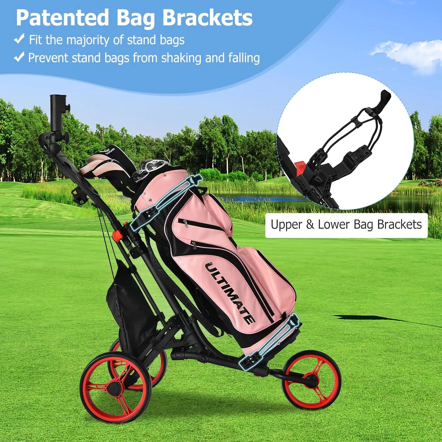Tangkula Lightweight Aluminum Collapsible 3 Wheels Golf Push Cart with Elastic Strap, Umbrella & Cup Holder, Scoreboard Storage & Foot Brake