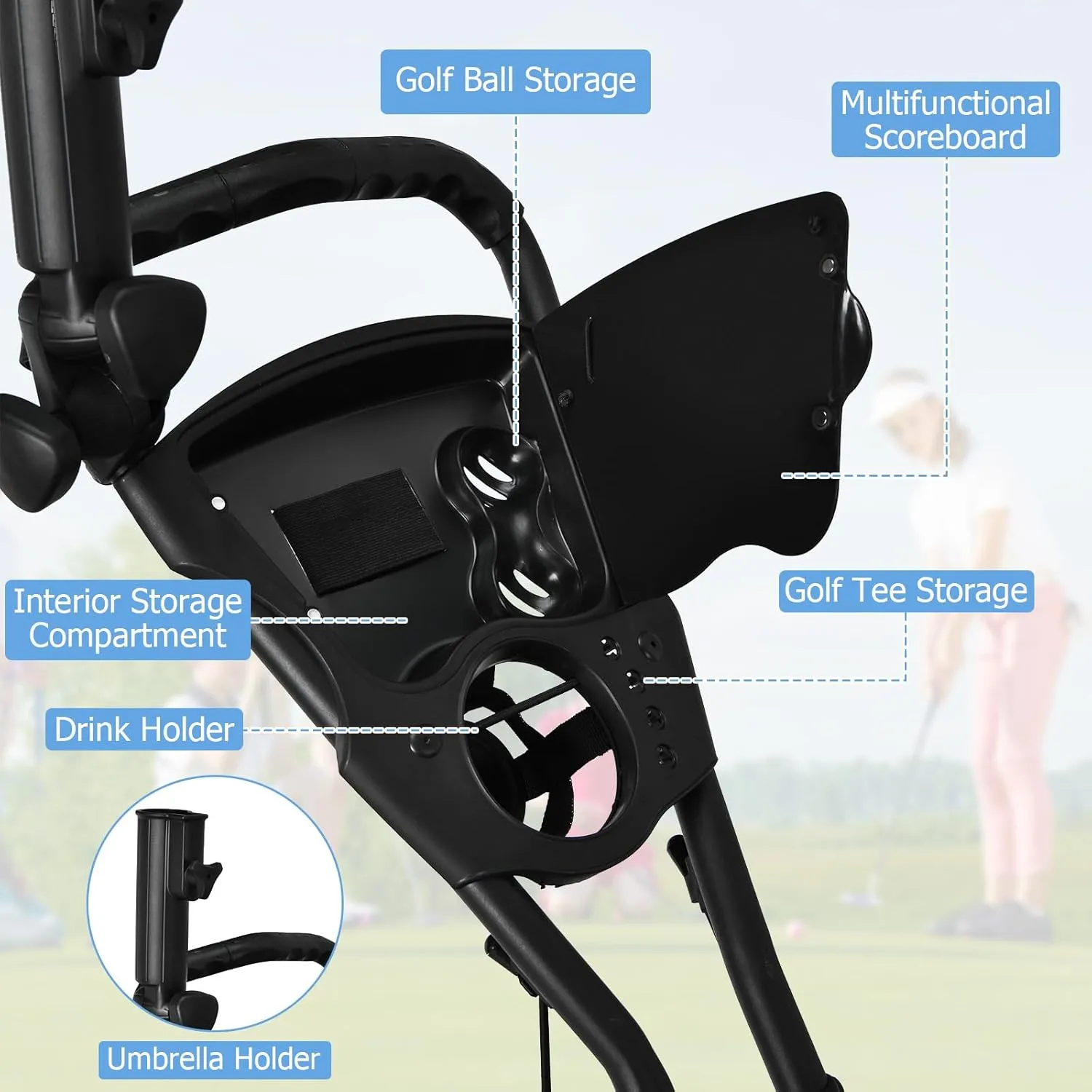 Tangkula Lightweight Aluminum Collapsible 3 Wheels Golf Push Cart with Elastic Strap, Umbrella & Cup Holder, Scoreboard Storage & Foot Brake