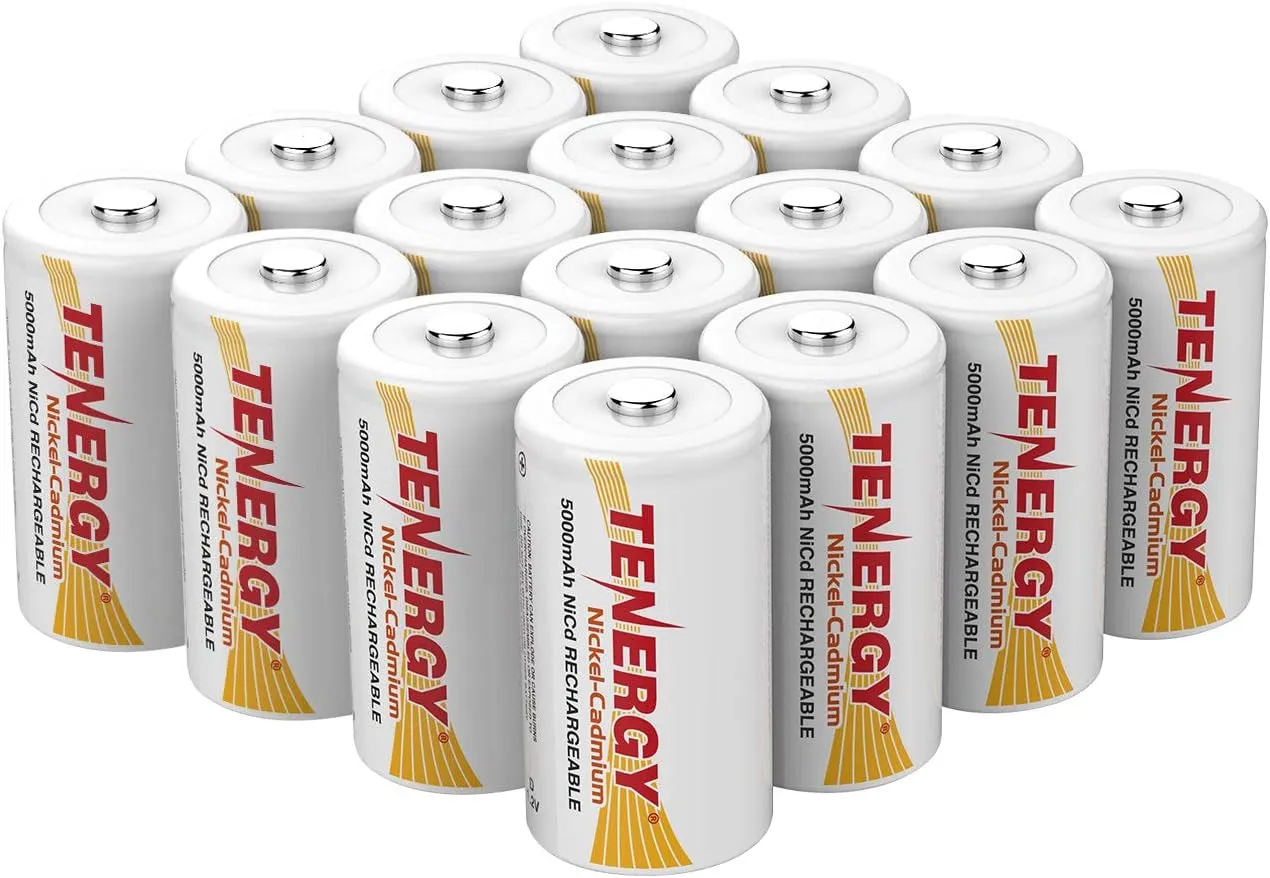 Tenergy D Size 5000mAh NiCd Button Top Rechargeable Batteries - 16 Pack