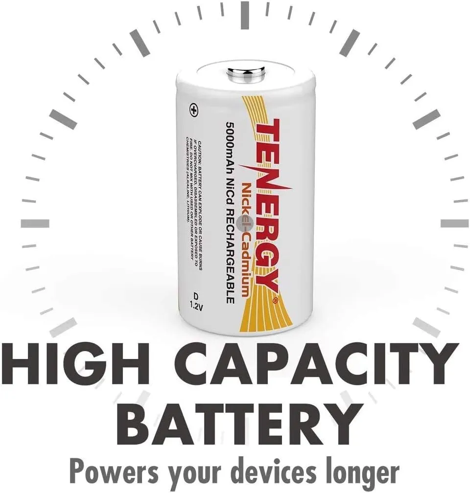 Tenergy D Size 5000mAh NiCd Button Top Rechargeable Batteries - 16 Pack
