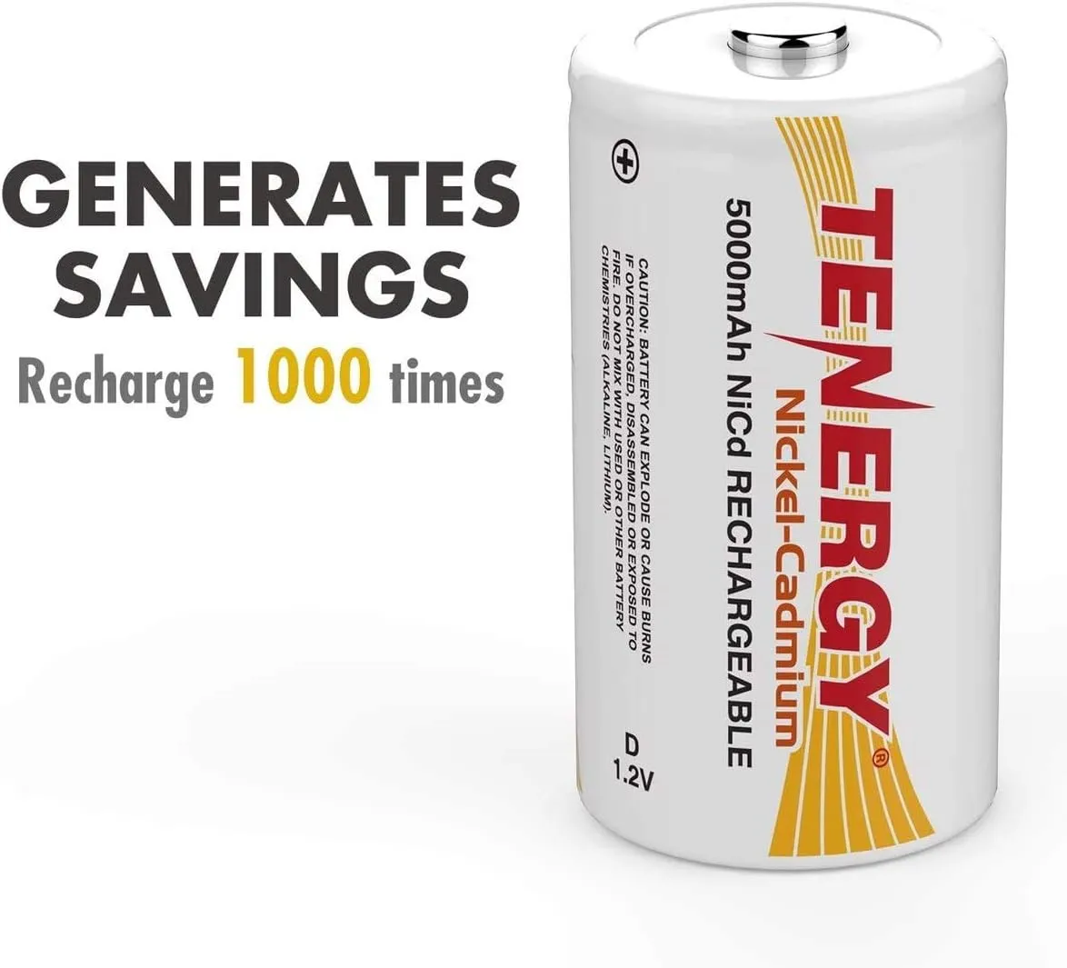 Tenergy D Size 5000mAh NiCd Button Top Rechargeable Batteries - 16 Pack