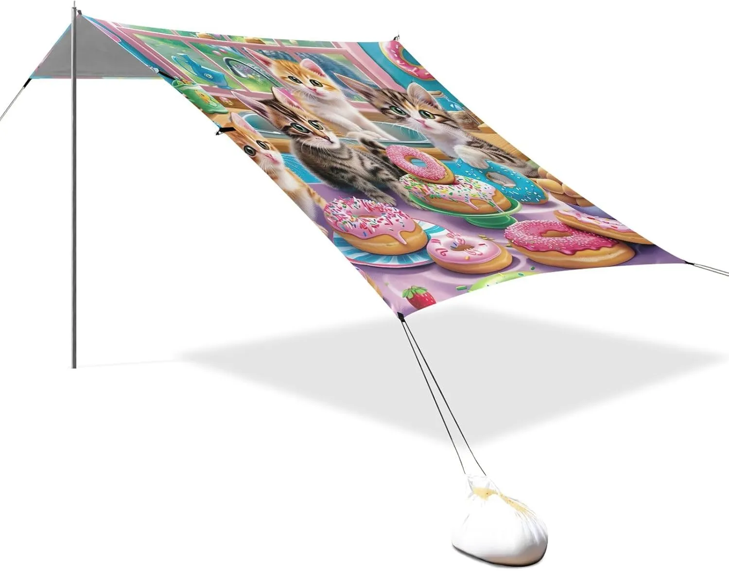 Tent Beach Canopy Outdoor Patio Shade Cute 9.2 × 10.5 FT Outside Camping Shelter Backyard Cute Kitten Donuts Party Sunshade with Sand Anchor Poles