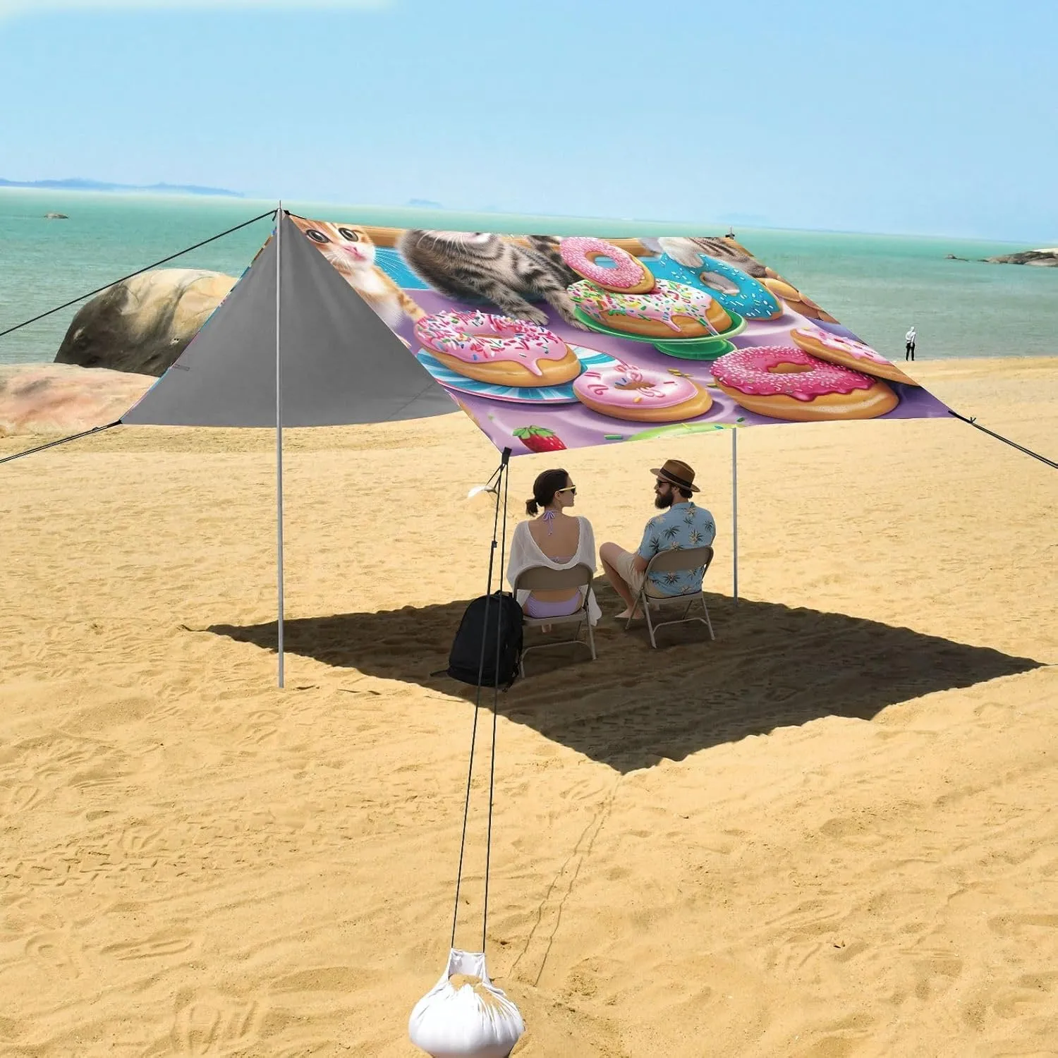 Tent Beach Canopy Outdoor Patio Shade Cute 9.2 × 10.5 FT Outside Camping Shelter Backyard Cute Kitten Donuts Party Sunshade with Sand Anchor Poles