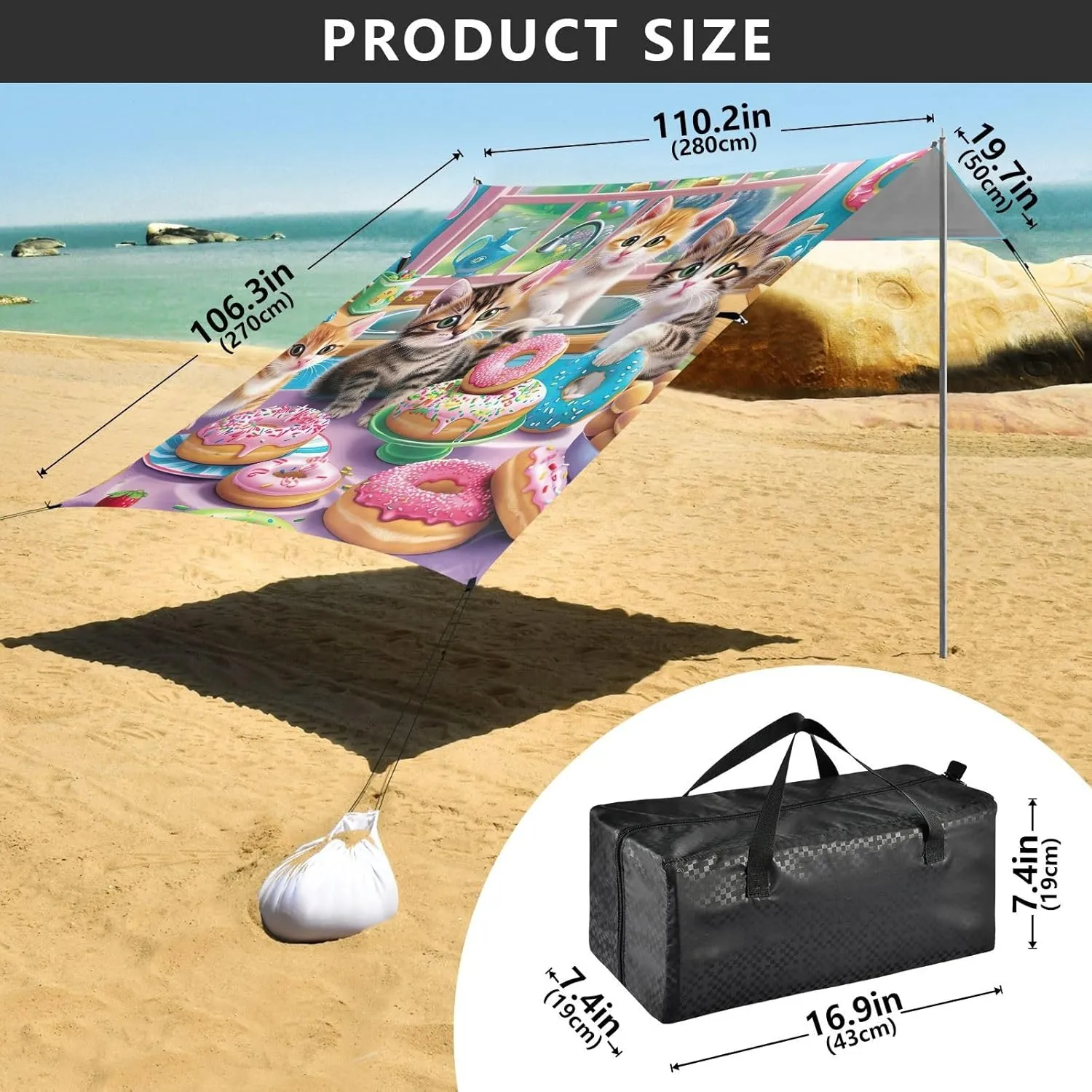 Tent Beach Canopy Outdoor Patio Shade Cute 9.2 × 10.5 FT Outside Camping Shelter Backyard Cute Kitten Donuts Party Sunshade with Sand Anchor Poles