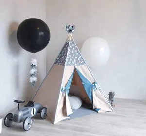 The Teepee Store One Kids Tent with WINDOW Taupe Grey Blue Bear Panda Play Big Fort Toddler Playhouse Kid Bedroom Nursery Toys for Girls Boys Tipi Gift 2-9 years old Floor Mat Cushion Reading Canopy